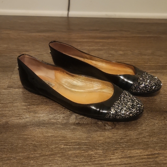 Jimmy Choo Black Patent Leather Silver Glitter Toe Ballet Flat Shoes Size 39.5 - Picture 1 of 11